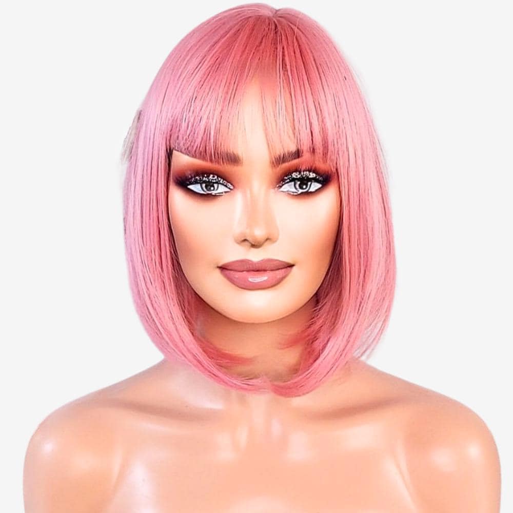 Pink Bob Wig with Bangs – Short Straight Synthetic Wig for Women – Heat Resistant Cosplay Wig – Natural Look Festival Party Hair UK