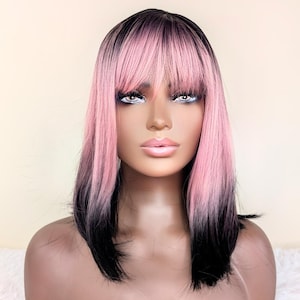 Pink and Black Ombre Wig with Bangs Long Wavy Wig for Women Heat Resistant Synthetic Hair Glueless E-Girl Cosplay Wig UK Daily