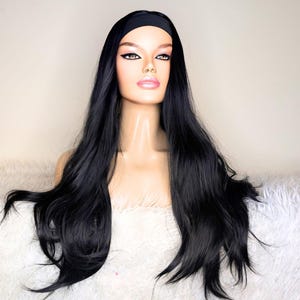 Beginner Friendly Black Headband Wig Glueless Long Straight Wig for Women Heat Safe Synthetic Hair Easy Wear Throw On Wig UK Daily