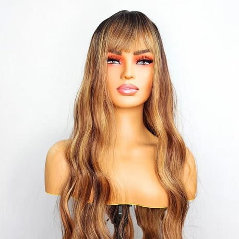 Brown Highlighted Wig with Bangs – Long Wavy Glueless Synthetic Wigs