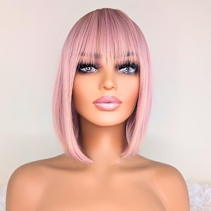 Light Pink Bob Wig with Bangs – Short Straight Synthetic Wig, Heat Resistant Pastel Hair for Women, Cosplay or Daily Wear