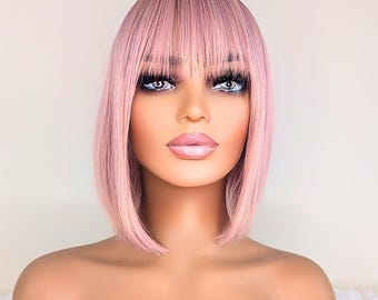 Light Pink Bob Wig with Bangs – Short Straight Synthetic Wig, Heat Resistant Pastel Hair for Women, Cosplay or Daily Wear