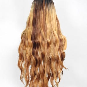 Brown Highlighted Wig with Bangs – Long Wavy Glueless Synthetic Wigs