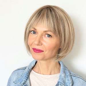 May include: A woman with blue eyes and a light complexion smiles, wearing a light denim jacket over a white shirt. Her short, layered blonde hair has a side part and bangs, and her lips are painted a bright pink.