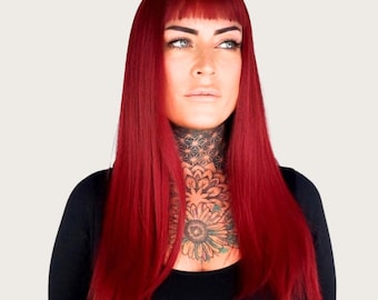 Dark Red Wig with Wispy Bangs: 26&quot; Glueless Heat-Resistant Unisex Wig