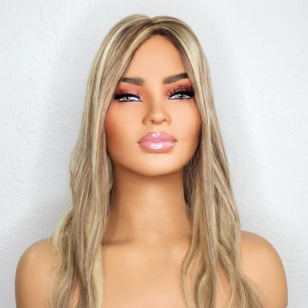 Peluca postiza de cabello humano rubio mixto de aspecto natural: peluca de cobertura total con clip.