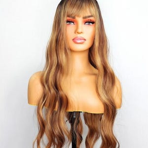 Brown Highlighted Wig with Bangs – Long Wavy Glueless Synthetic Wigs