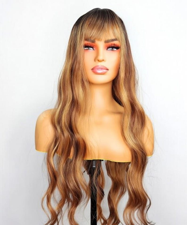 Brown Highlighted Wig with Bangs – Long Wavy Glueless Synthetic Wigs
