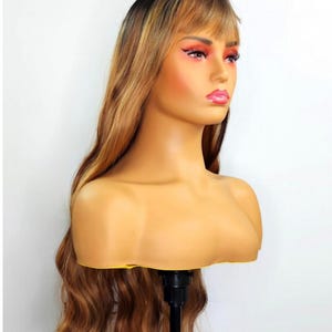 Brown Highlighted Wig with Bangs – Long Wavy Glueless Synthetic Wigs