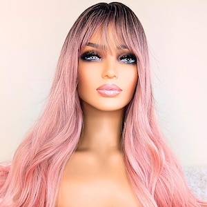 Pastel Pink Wig with Bangs: 26&quot; Long Wavy Synthetic Cosplay Wigs