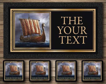 Personalized Long Ship Bar Runner & Coasters: Custom Home Bar Decor