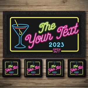 Personalised Bar Runner - Home Bar Spill Mat Gift - Personalised Rubber Mat Bar Decor - Bar Accessories - Bar Coasters - Cocktail Neon