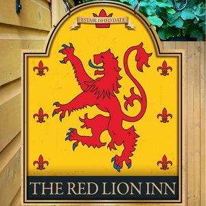 Personalized Red Lion Home Bar Sign: Traditional Metal Pub Decor
