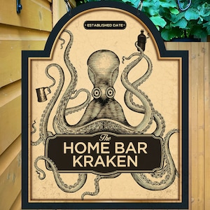 Personalized Kraken Home Bar Sign: Vintage Style Metal Pub Sign