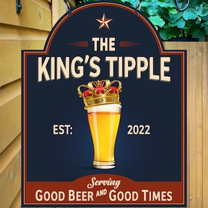 Personalized Home Bar Sign: Metal Pub Sign with Wrought Iron Bracket