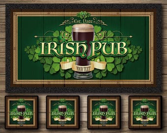 Personalized Irish Pub Runner & Coaster Set: Home Bar Decor