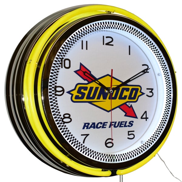 Sunoco Race Fuels Sign Yellow Double Neon Clock Garage Man Cave Decor (19")