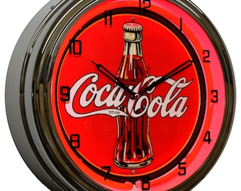 Classic Coca Cola 30's Bottle Logo Sign Red Neon Clock Kitchen Decor (16")