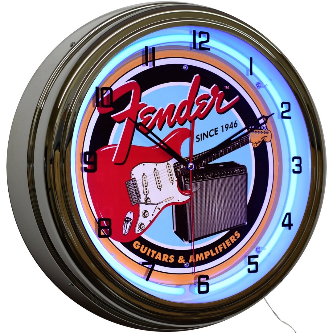 Fender Guitars AMP Since 1946 Sign Neon Clock Game Room Decor 16 Blue