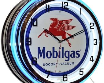 Mobil Gas Socony * Vacuum Sign Double Neon Clock Garage Man Cave Decor (19" Blue)