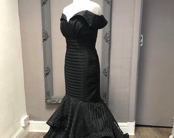 Custom Made Black Fishtail Mermaid Prom or Evening Dress. Also perfect for a cruise. Dropped shoulder, sweetheart neckline, ruffles & layers