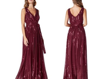 Prom dress burgundy-red shoulder straps chiffon-sequins. UK 16. Evening dress, aline, flattering dress