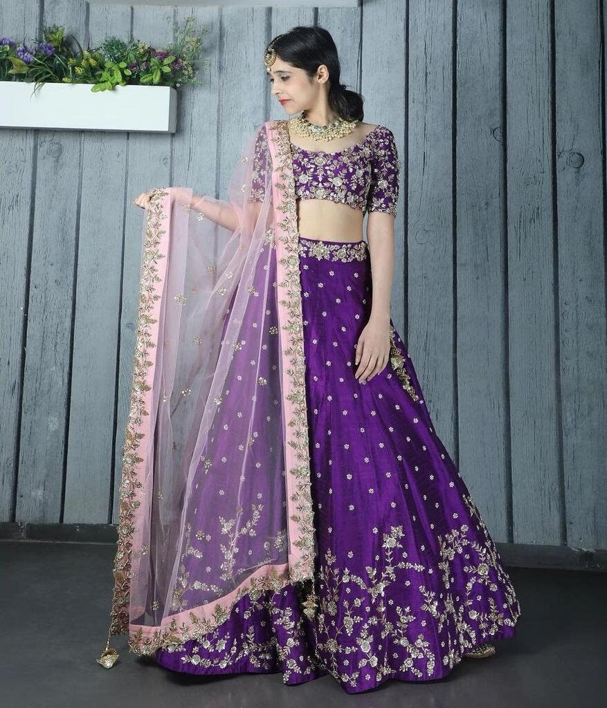Purple Small Motif Lehenga With Full Sleeves Embroidered Blouse Salmon Pink  Dupatta