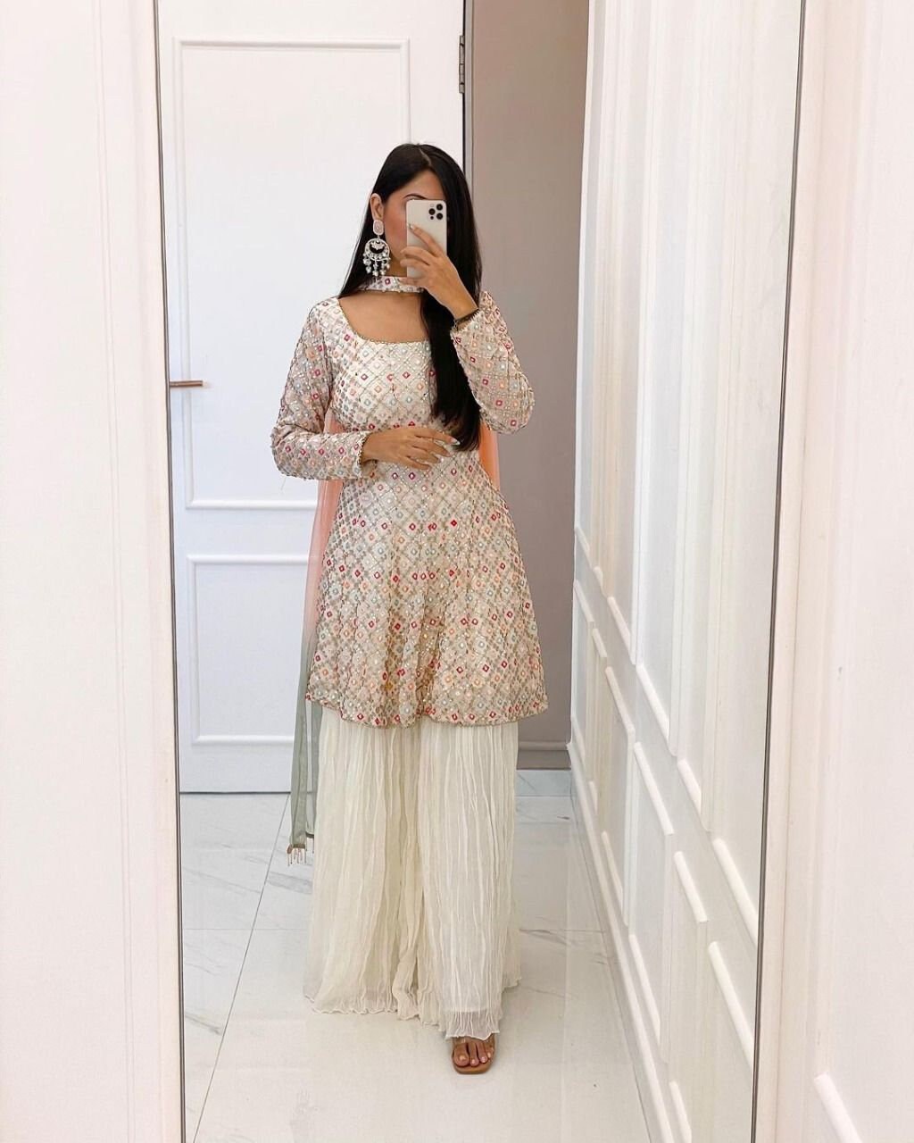 Indian Pakistani Rayon Suit Dress White Stitched Salwar Kameez Shalwar 
