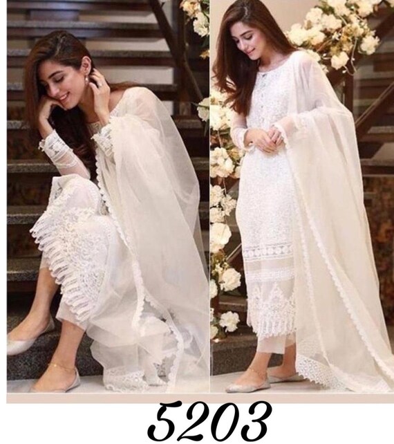 Designer Top Georgette Kurti Indian Kurti White Kurti Pant Set Traditional Dress Pakistani Salwar Suit Readymade Salwar Festival Wear