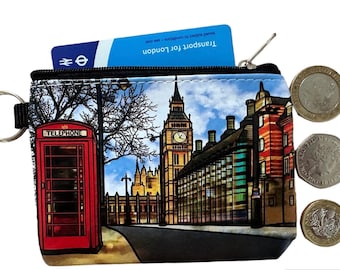 Zipped Coin Purse, London Icons, Big Ben Telephone Box, Gift