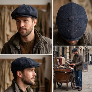 May include: A dark navy blue wool newsboy cap featuring a subtle herringbone weave pattern and multicoloured flecks of red, yellow, and white throughout the fabric. The cap has a rounded, multi-panelled crown with a central button and a short brim.