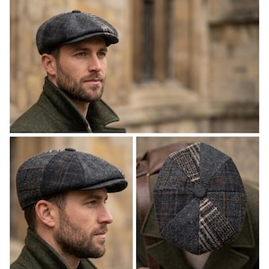 Könnte beinhalten: Eine mehrteilige Schiebermütze mit einem Patchwork-Design aus anthrazitfarbenen, dunkelbraunen und beigen Wollstoffen. Die Mütze zeigt eine Mischung aus einfarbigen Texturen und dezenten Karomustern sowie ein zentrales Knopfdetail auf der Oberseite.