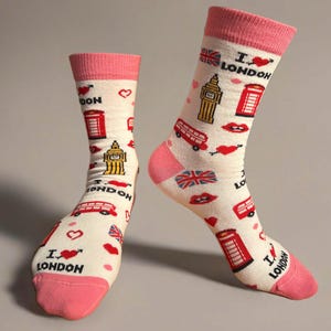 London Icons Big Ben Red Bus Union Jack Socks, Seamless Novelty Fun Gift Socks EUR 36-42 UK 4-7
