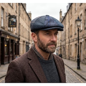 May include: A blue and grey herringbone patterned flat cap with a structured crown and a short, stiff brim. The cap features a subtle plaid overlay in shades of blue and brown, constructed from a textured wool-like fabric with a button top.