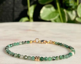 Emerald bracelet, Emerald and gold, Tiny gemstone bracelet,  Genuine Emerald, Stacking bracelet, May Birthstone, Gift for her,