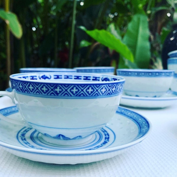 Chinese Rice Pattern Tea Cup and Saucer