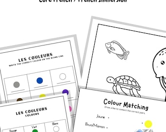 May include: Educational worksheets for learning French colors. The worksheets include color matching exercises and fill-in-the-blank activities. The title "Les Couleurs" is displayed in a black banner. The worksheets are designed for core French and French immersion.