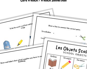 May include: Educational worksheets with French vocabulary for school supplies. The worksheets include matching exercises, labeling activities, and a word search. The title "Les Objets Scolaire" is displayed at the top.