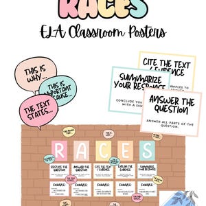 Może przedstawiać: Zestaw plakatów do klasy ELA ze słowem "RACES" w pastelowych kolorach. Plakaty obejmują tematy takie jak "Cytuj tekst", "Podsumuj swoją odpowiedź" i "Odpowiedz na pytanie". Zawiera również dymki i przykłady.