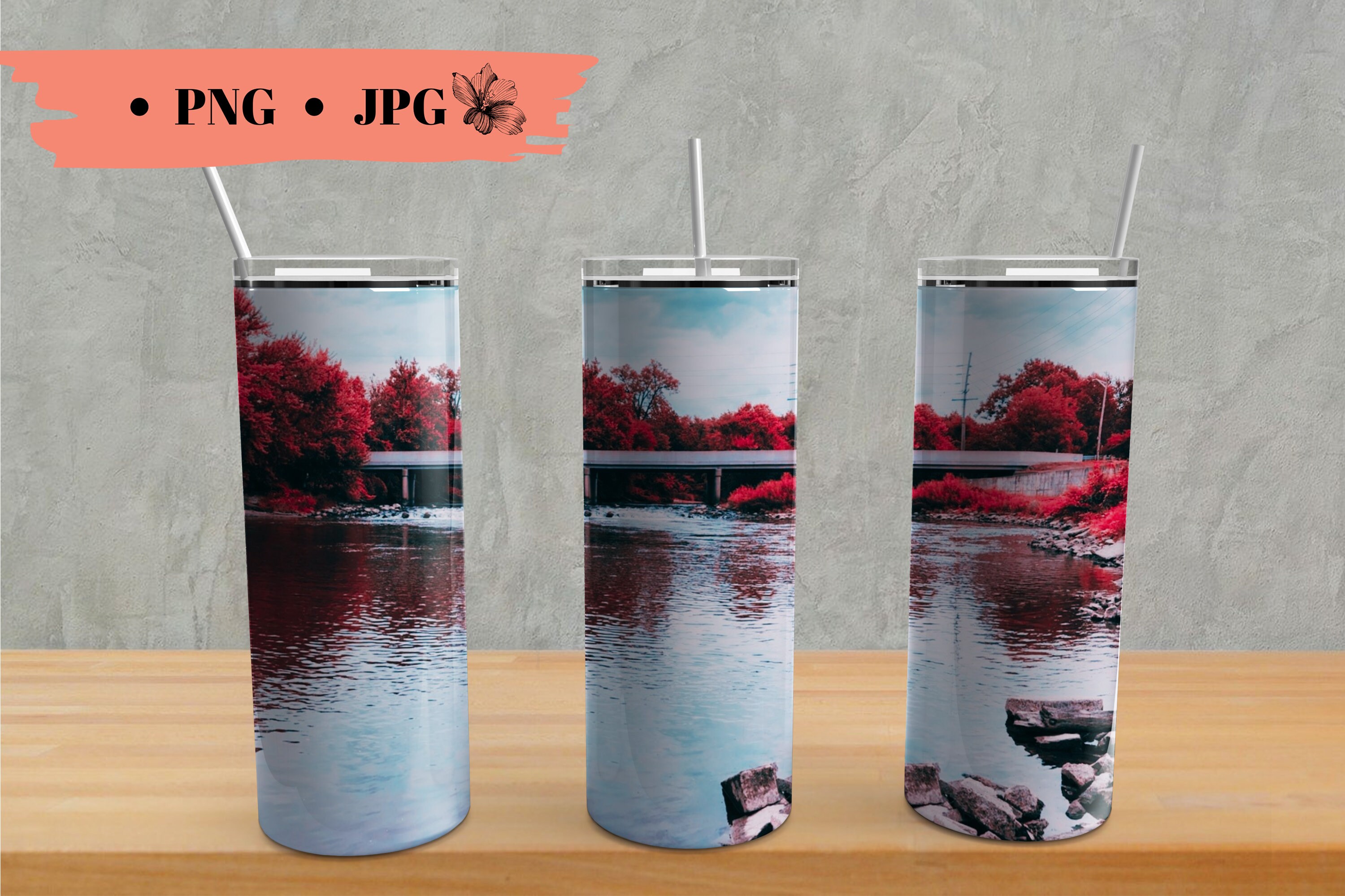 Digital skinny tumbler sublimation jpg river PNG tumbler PNG Red trees ...