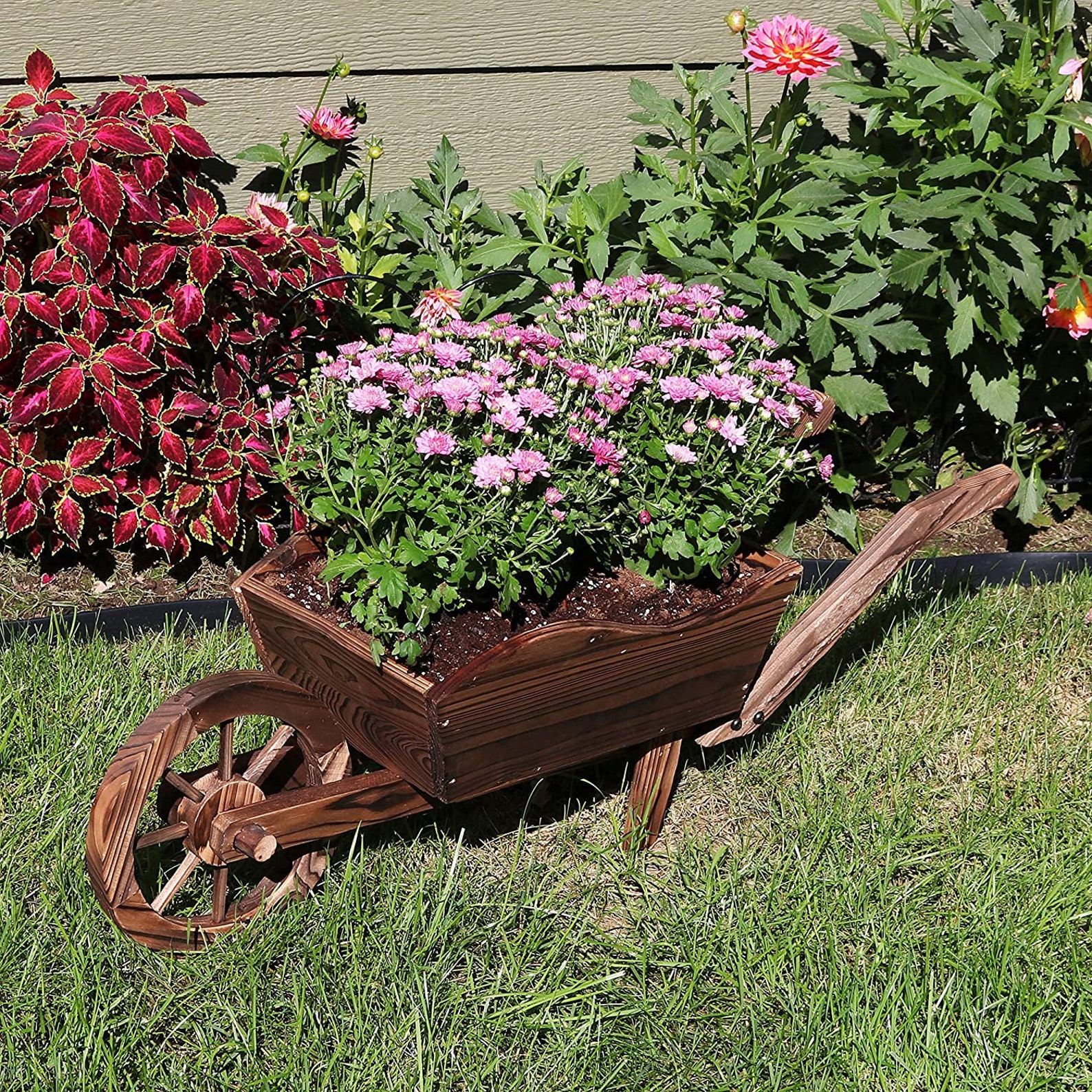 Wooden Decorative Wheelbarrow Planter for Patio Lawn and