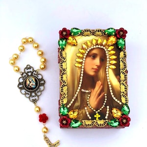 Blessed Mother Mary portable shrine with handmade rosary.