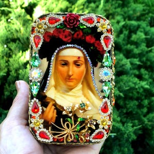 Saint Rita of Cascia Pocket Shrine with handmade rosary.