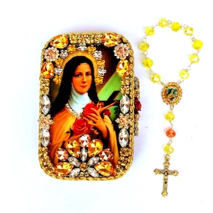Saint Therese of Lisieux Pocket Shrine with handmade rosary