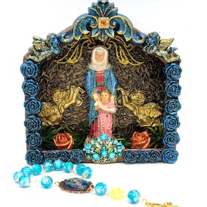 Saint Anne with Mary portable Shrine with handmade rosary included.