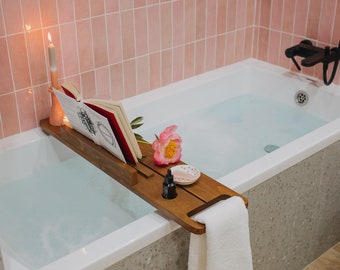 Wood bathtub tray with wine glass holder, book or iPad stand, candle place, bathroom caddy 23 27 31 35 39 inches, bath gift accessories