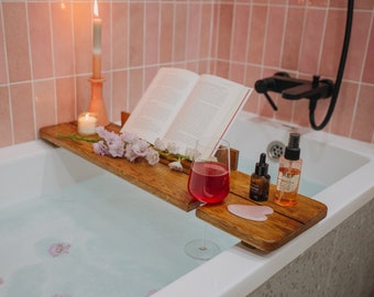 Bath tube Mother's Day gift, Bath tray with wine glass holder, book or iPad stand, candle place, bathroom caddy, bathtub accessories