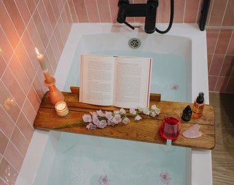 Mother's Day gift, Bath tray with wine glass holder, book or iPad stand, candle place, bathroom Bathtub caddy, bath tube accessories