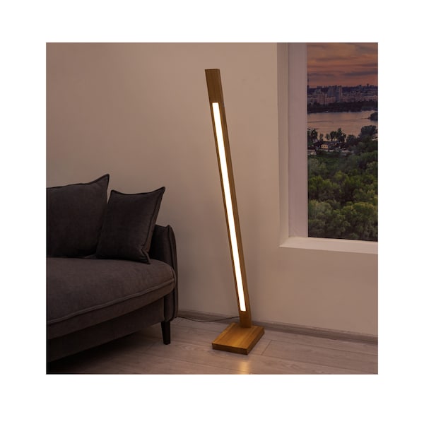 Modern wood LED floor lamp, japandi standing light, bedside and nightlight minimalist wabi sabi decor, Birthday gift for him