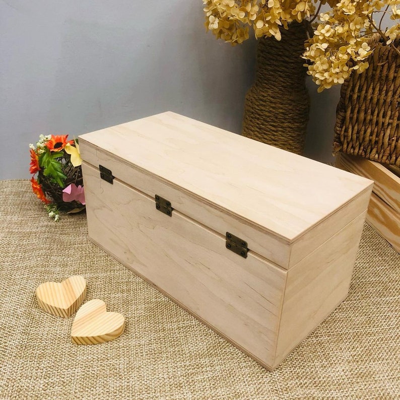 Large Wooden Box with Hinged Lid Unfinished Wood Box Etsy